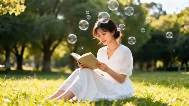  草坪读书的白衣女孩116#横屏 	 -