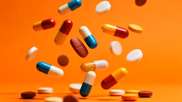  彩色药片散落橙色背景105#横屏 	 