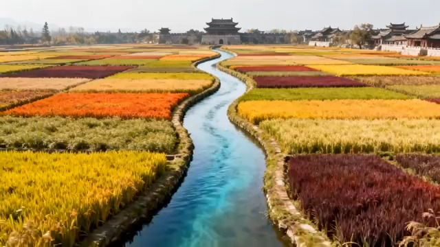  彩色稻田河流景观96#横屏 	 