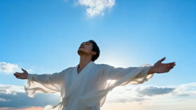  白衣男子舒展双臂沐浴阳光38#横屏 	 