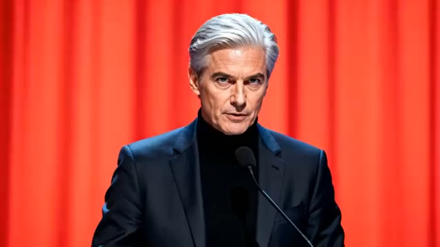  白发男子红色幕布演讲26#横屏 	 