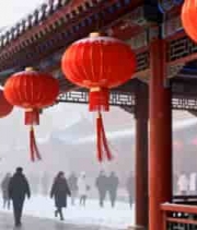  雪中古亭红灯笼行人景象447#横屏 	 