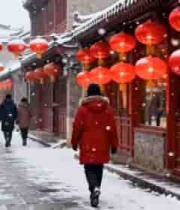  雪中古街行人挂红灯笼场景1315#横屏 	 