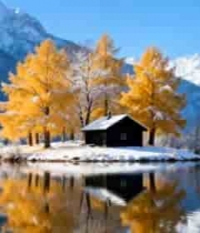  雪山湖泊中的小岛雪后风光920#横屏 	 