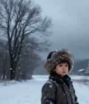  雪地中的小孩站立画面636#横屏 	 