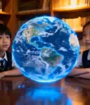  小学生观察悬浮地球模型2419#横屏 	 - 