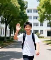  校园内背着书包的学生挥手1529#横屏 	 -