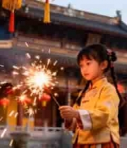  小女孩古建筑前手持烟花86#横屏 	 