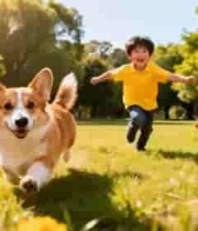  小男孩在花丛草地与柯基嬉戏498#横屏 	 