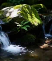  溪流中长满青苔的岩石特写1591#横屏 	 -