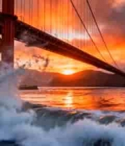  夕阳下桥梁与海浪景观2768#横屏 	 - 