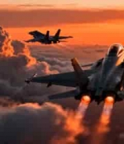  夕阳下双战斗机空中飞行871#横屏 	 