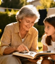 祖孙户外一起翻看相册4620#横屏 