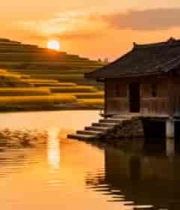  夕阳下梯田旁水边木屋风景2109#横屏 	 