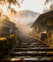 竹林间石板路与古朴房屋2983#横屏 