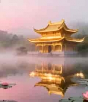  西湖古风建筑与荷花景观2278#横屏 	 