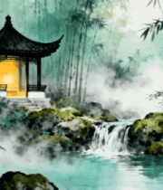 竹林中式凉亭山水风景293#横屏 