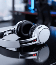 桌面上的白色头戴式耳机2662#横屏 