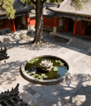 中式古建筑庭院池塘景观5104#横屏 