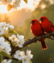 枝头双栖红鸟与白色花朵806#横屏 