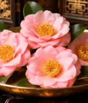 中式背景托盘上的粉色山茶花5339#横屏 