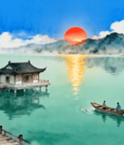中式山水湖畔泛舟景象47#横屏 