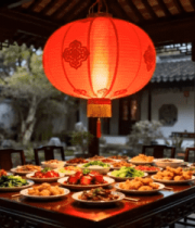 中式庭院餐桌丰盛菜肴1608#横屏 