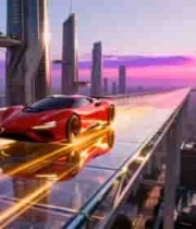  未来科技城市中的行驶跑车1076#横屏 	 - 
