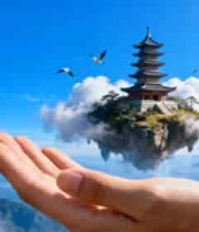  手托悬浮古亭与山水景观751#横屏 	 