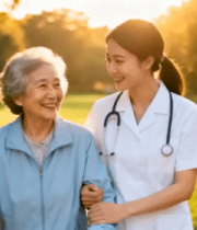 医生陪伴老人漫步公园2910#横屏 