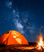 夜晚野外男子篝火旁露营4158#横屏 