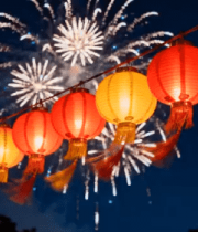 夜晚悬挂的喜庆红灯笼3487#横屏 