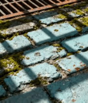 长苔藓青砖与生锈格栅光影素材5442#横屏 