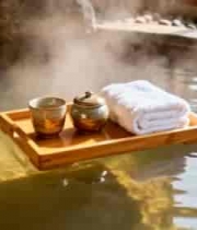  温泉池上漂浮茶具与毛巾1767#横屏 	 