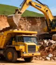  挖掘机向卡车装载矿石素材955#横屏 	 