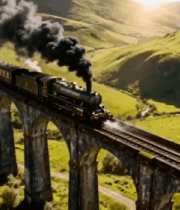 蒸汽火车行驶于山间高架桥1122#横屏 