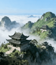 雾缭绕山间古建筑风景306#横屏 