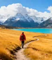  徒步者穿行于雪山草地间2130#横屏 	 