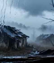  透过窗户看雨中破旧房屋736#横屏 	 