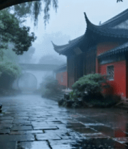 雨中中式古建筑庭院景观830#横屏 