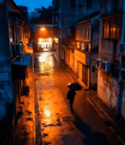 雨夜行人走过老旧街道2270#横屏 