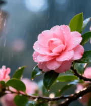 雨中绽放的粉色山茶花4612#横屏 