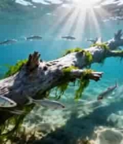  水下鱼群环绕枯木场景146#横屏 	 