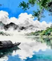  水墨山水湖面小船风景素材1124#横屏 	 - 