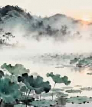  水墨山水荷花风景画面358#横屏 	 -