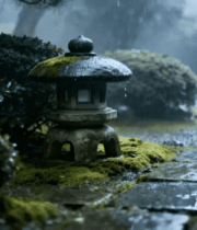 雨中日式庭院石灯笼景观3357#横屏 