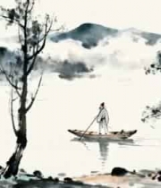  水墨山水古人泛舟画面素材1396#横屏 	 