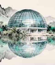  水墨风格球形建筑湖景1570#横屏 	 -