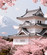 樱花环绕的樱花环绕的日式建筑与富士山5008#横屏 日式建筑与富士山5008#横屏 