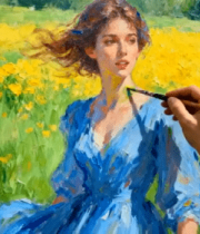 油画创作中田野中的女子4867#横屏 